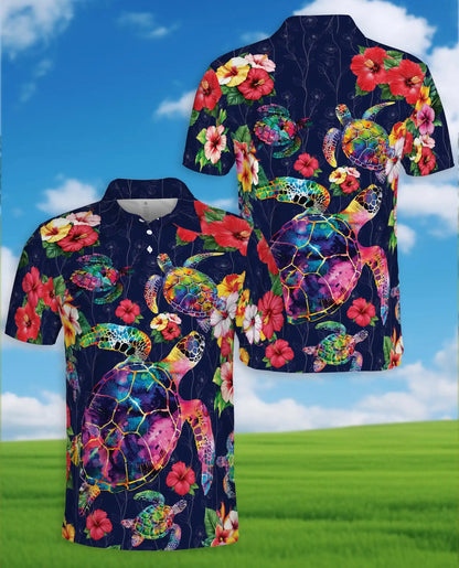 Colorful Sea Turtle Tropical Polo Shirt for Men, Ocean Reef Print | Azhawaiian