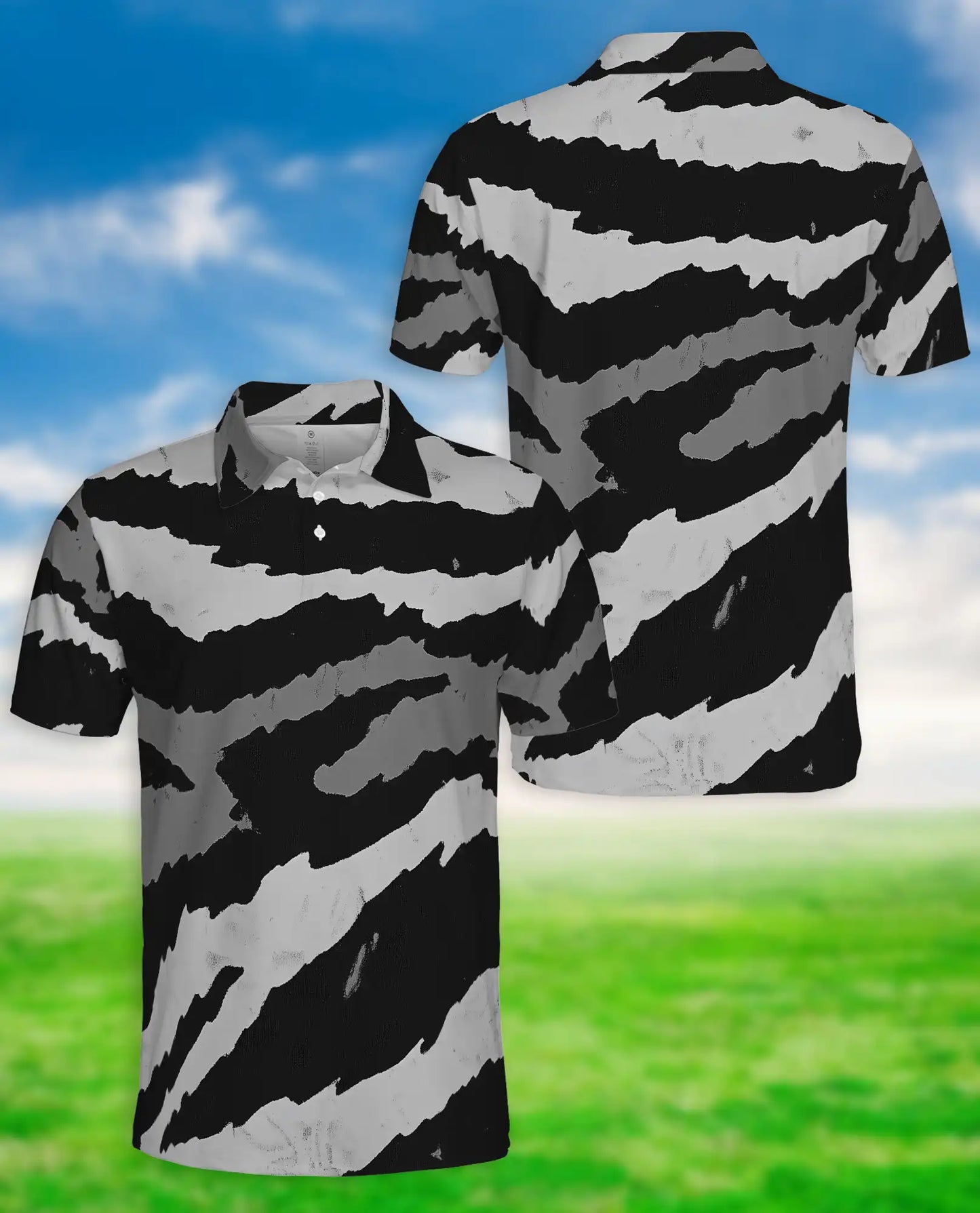 Black White Abstract 3D Polo Shirt for Men, Modern Brushstroke Style | Azhawaiian