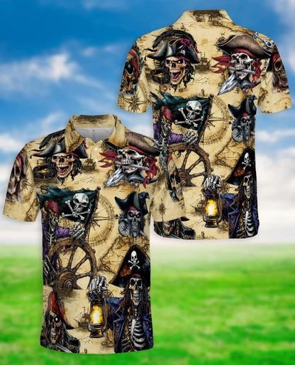 Vintage Pirate Skeleton Polo Shirt-Skull Captain Treasure Map Design | Azhawaiian