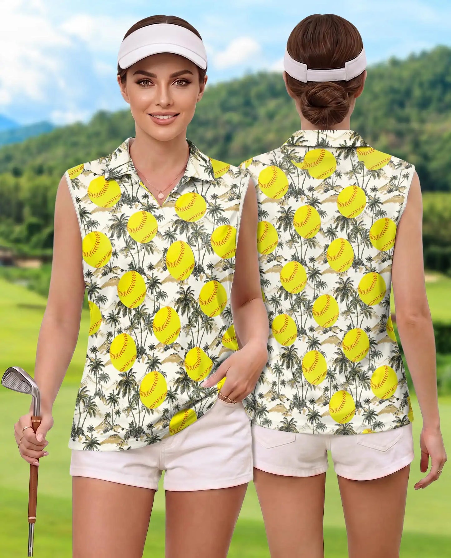 Tropical Palm Tree And Softball Sleeveless Polo Shirt for Women | Azhawaiian