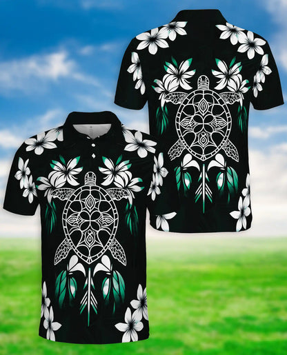 Sea Turtle Hawaiian 3D Polo Shirt for Men, Tropical Tribal Island Style | Azhawaiian