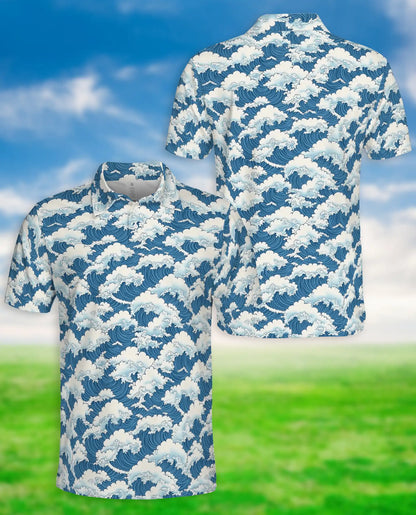 Japanese Ocean Wave 3D Polo Shirt for Men, Coastal Minimalist Art Style | Azhawaiian