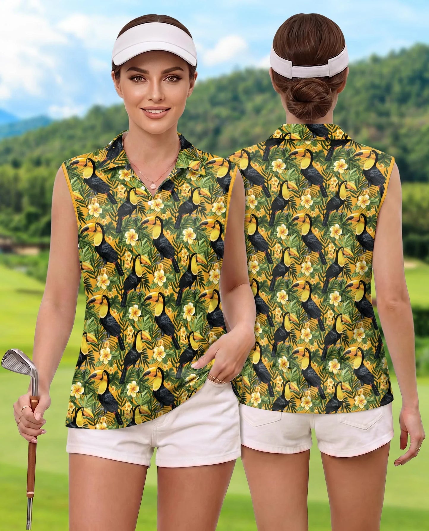 Toucan Tropical Floral Sleeveless Polo Shirt for Women, Exotic Bird Summer Style | Azhawaiian