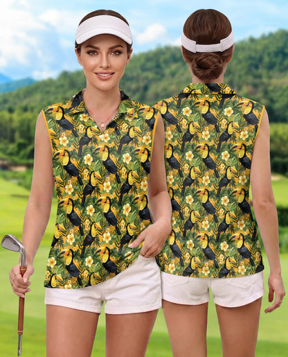 Toucan Tropical Floral Sleeveless Polo Shirt for Women, Exotic Bird Summer Style | Azhawaiian