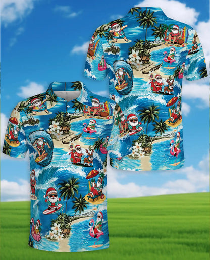 Surfing Santa 3D Polo Shirt for Men, Tropical Christmas Beach Style | Azhawaiian