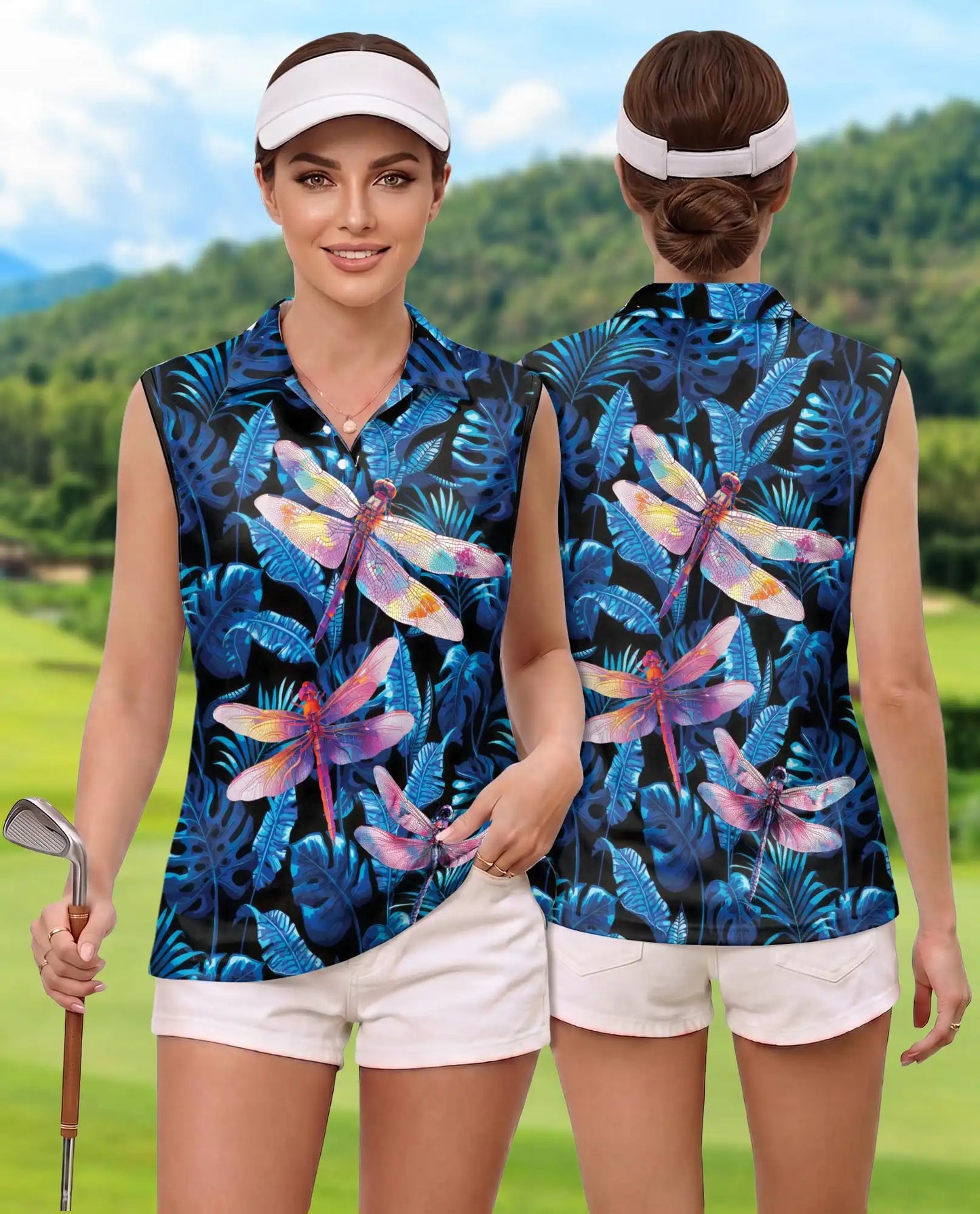Amazing Dragonfly Blue Tropical Sleeveless Polo Shirt for Women | Azhawaiian