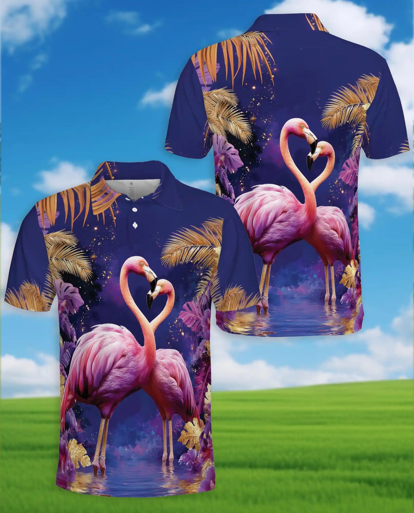 Pink Flamingo Polo Shirt - Tropical Paradise Romantic Coastal Design | Azhawaiian