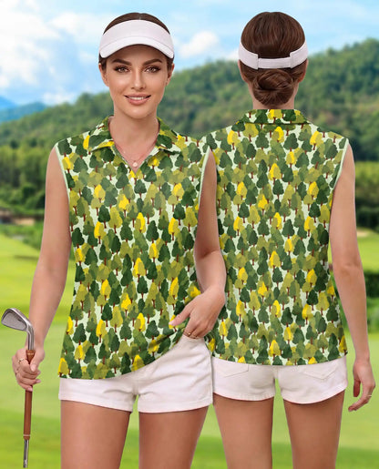 Pattern Tree Sleeveless Polo Shirt for Women, Nature Botanical Style | Azhawaiian