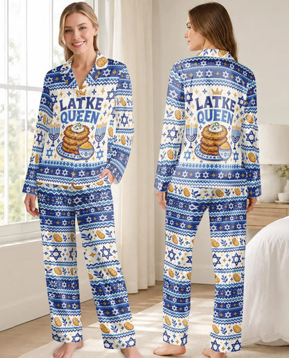 Latke Queen Hanukkah Pajama Set for Women – Potato Pancakes & Fair Isle Print