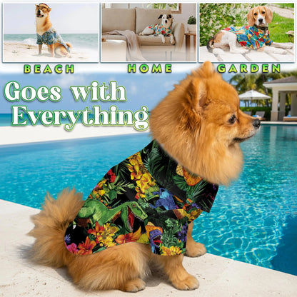 Fun Taco Dinosaur T Rex Flower Print Matching Dog Owner Hawaiian Shirts, Funny Pet Aloha Shirt for Beach Vacation - Azhawaiian