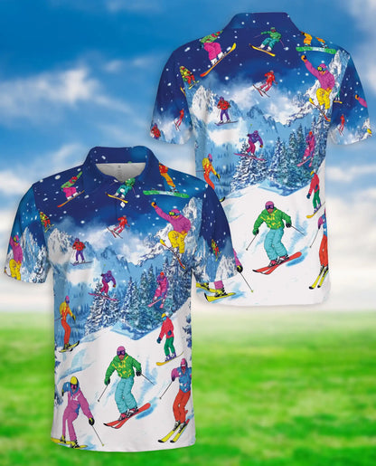 Colorful Skiing 3D Polo Shirt for Men, Winter Mountain Sports Style | Azhawaiian