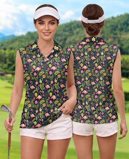 Black Flamingo Retreat Sleeveless Polo Shirt for Women | Azhawaiian