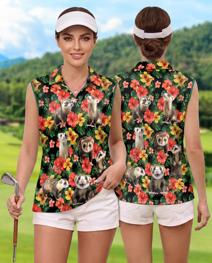 Ferrets Tropical Sleeveless Polo Shirt for Women, Cute Exotic Animal Style | Azhawaiian