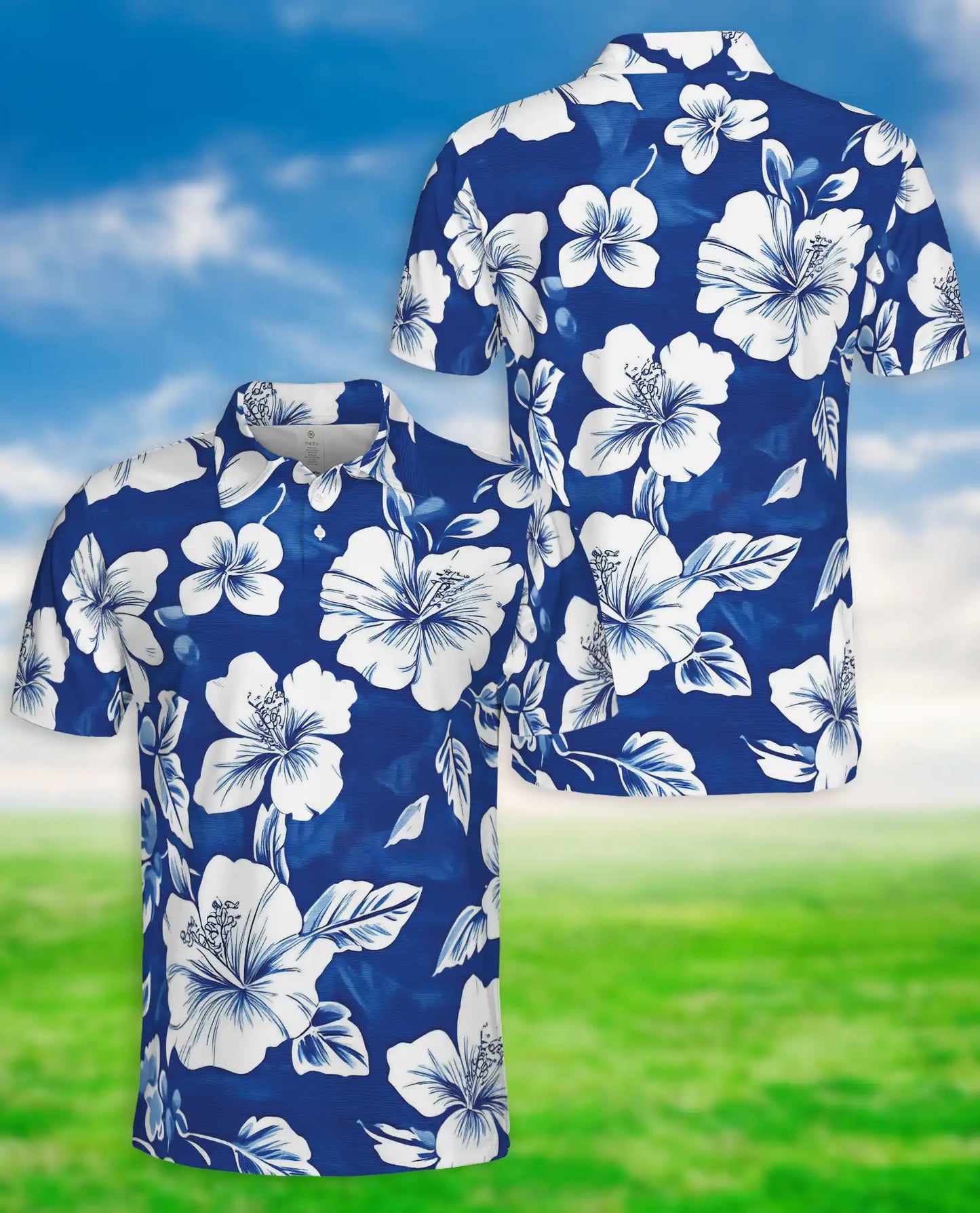Blue White Hibiscus Polo Shirt | Azhawaiian