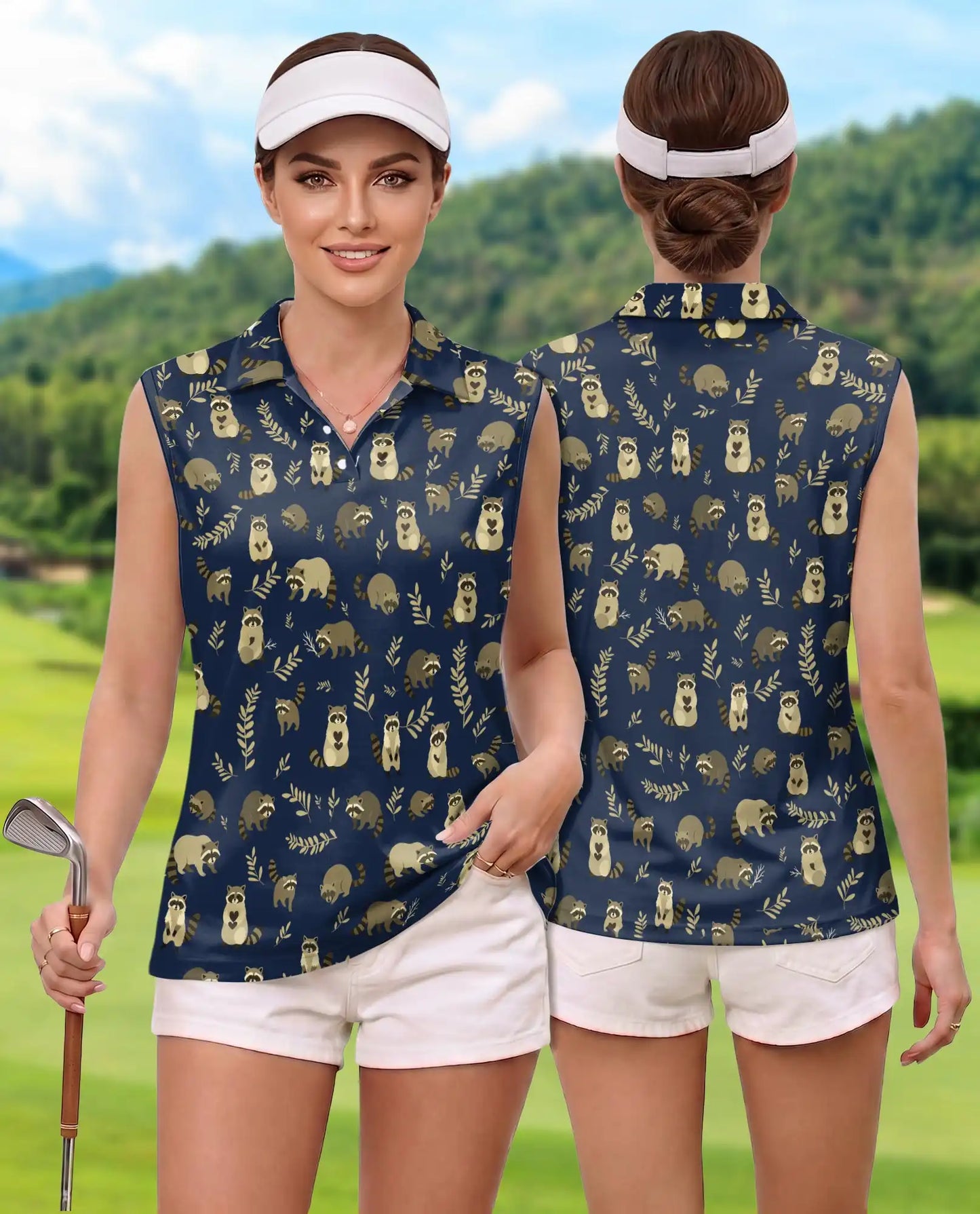 Navy Raccoon Pattern Sleeveless Polo Shirt for Women | Azhawaiian