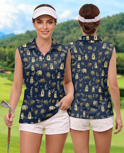 Navy Raccoon Pattern Sleeveless Polo Shirt for Women | Azhawaiian