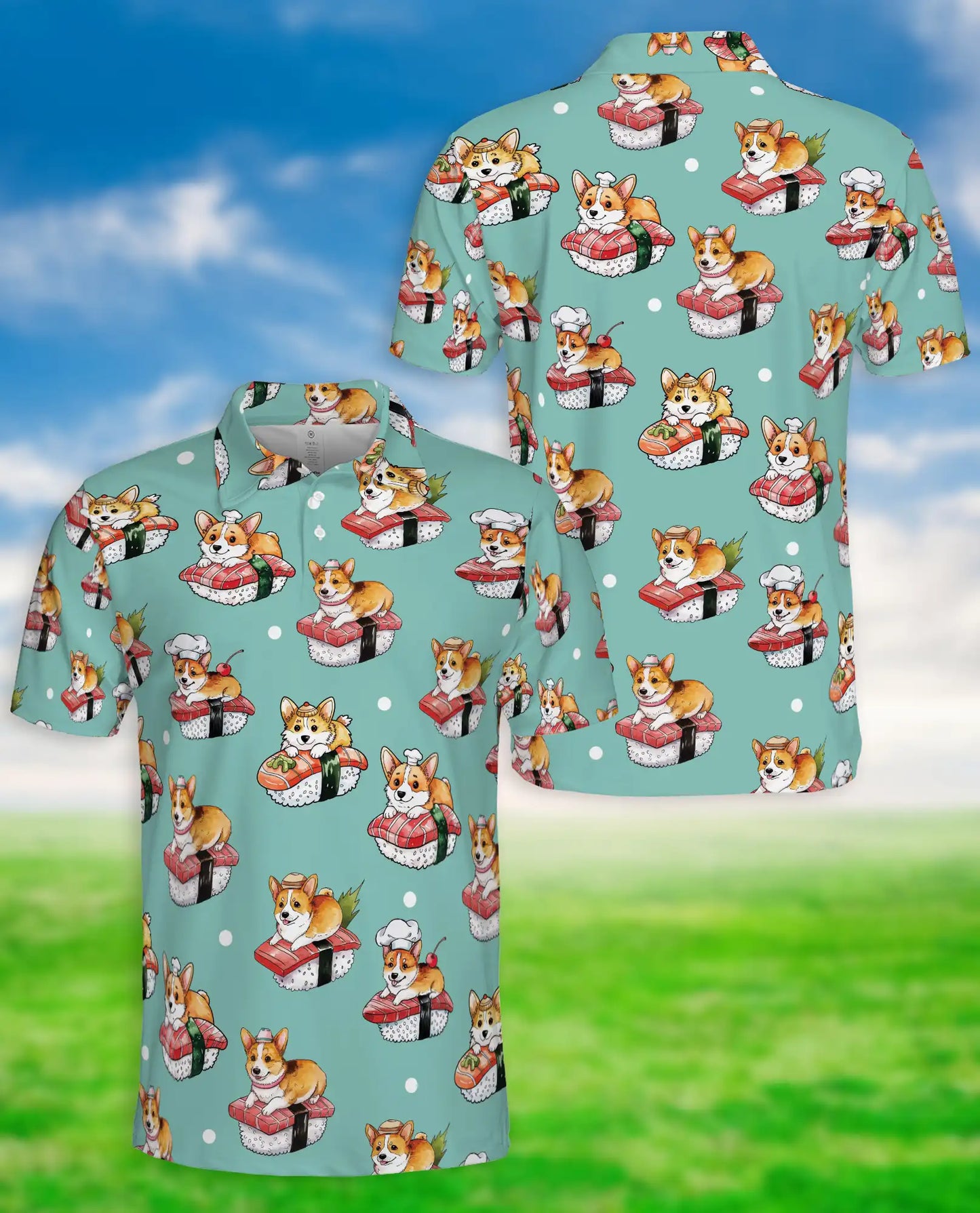 Corgi Sushi 3D Polo Shirt for Men, Funny Japanese Food Dog Style | Azhawaiian