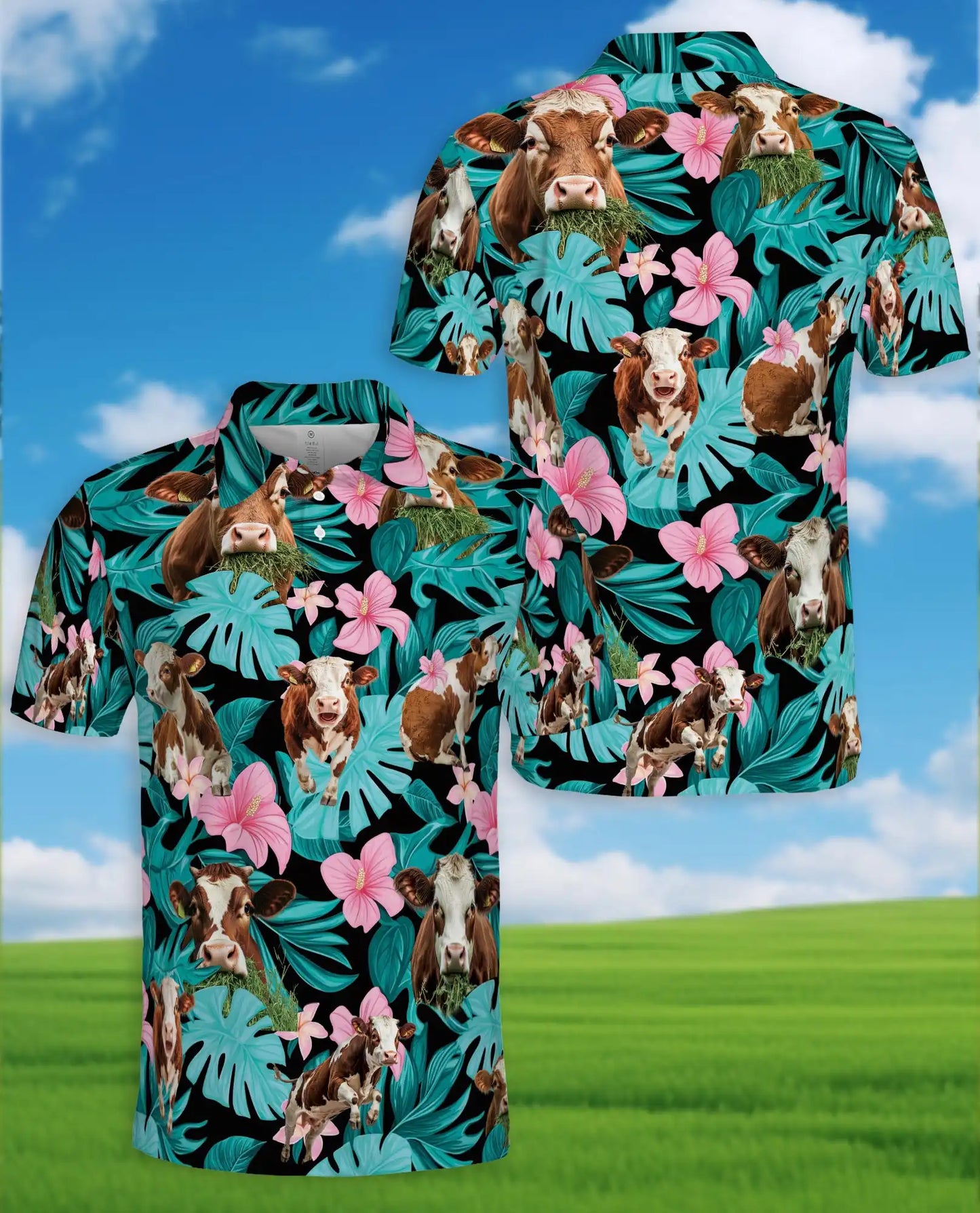Cow Tropical Polo Shirt - Hawaiian Farm Animal Floral Design | Azhawaiian