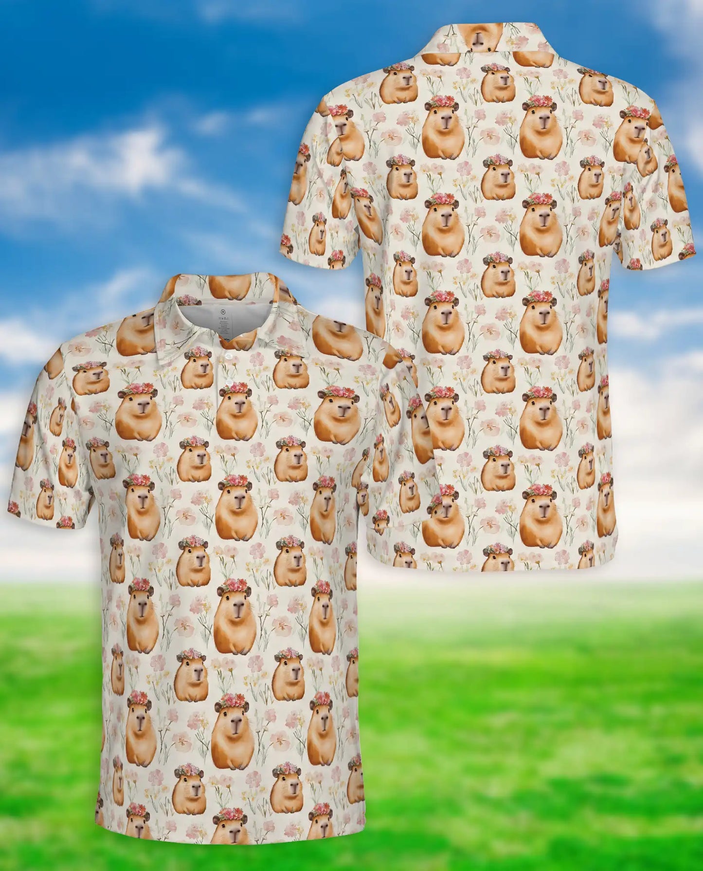 Cute Capybara Floral Polo Shirt, Funny Animal Pattern | Azhawaiian
