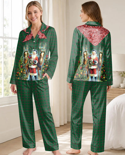 Plaid Santa Christmas Pajama Set for Women – Festive Horse Print