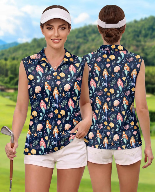 Cute Mermaid Sleeveless Polo Shirt for Women | Azhawaiian