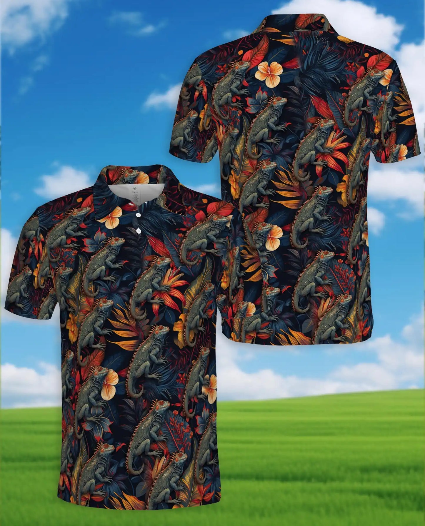 Iguana Tropical Polo Shirt - Hawaiian Reptile Floral Wildlife Design | Azhawaiian