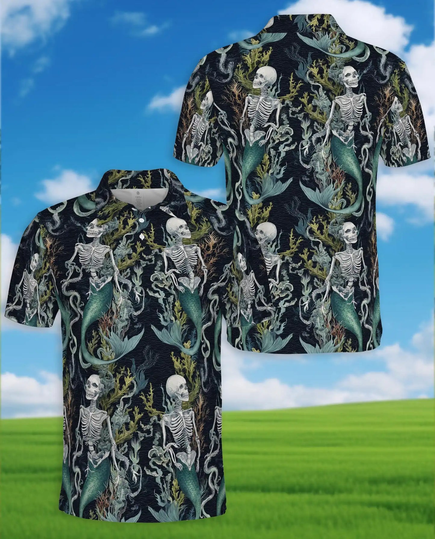 Skeleton Mermaid Polo Shirt - Gothic Ocean Fantasy Style | Azhawaiian