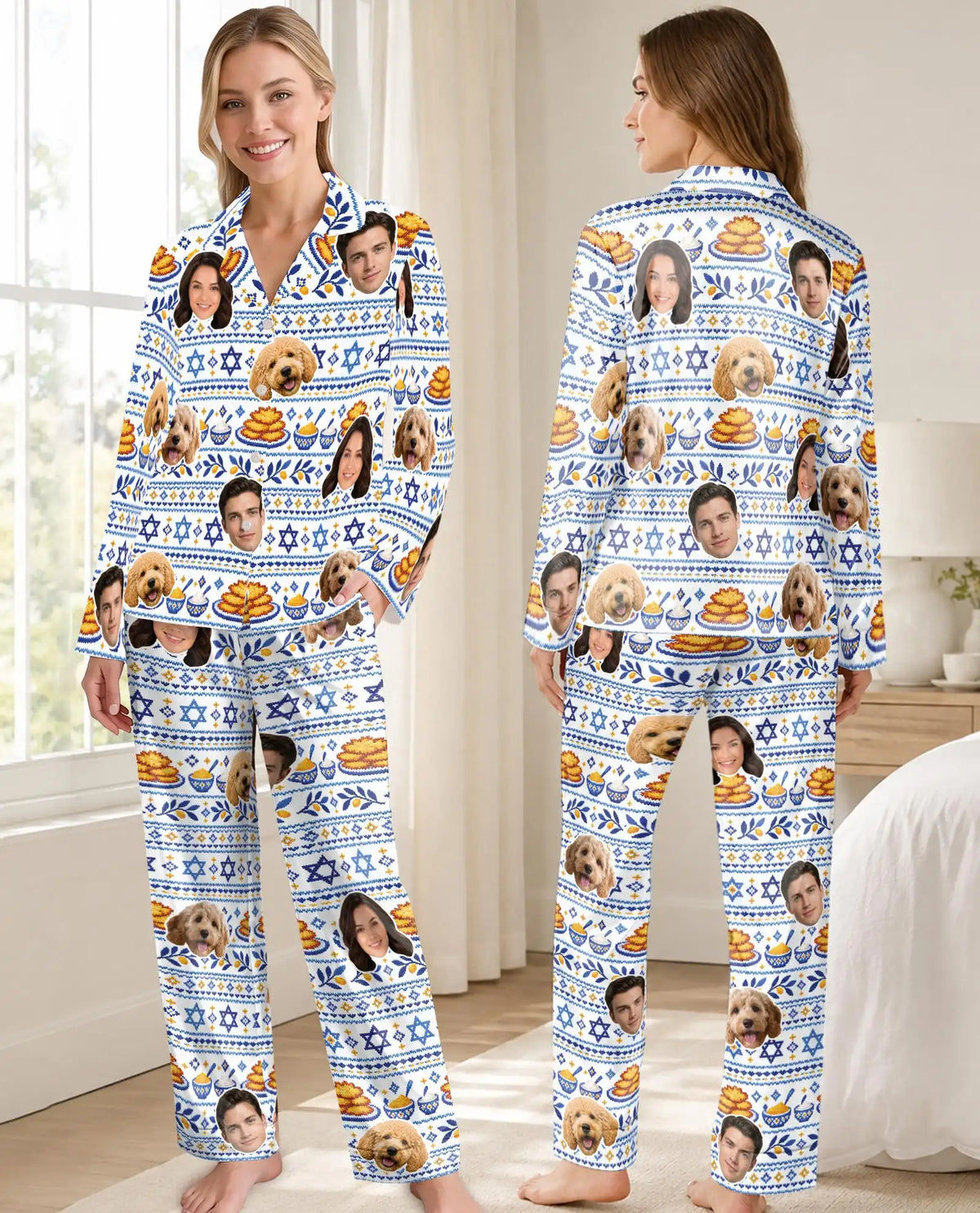 Personalized Hanukkah Latke Pajamas for Women – Custom Face & Pet Photo Fair Isle Print