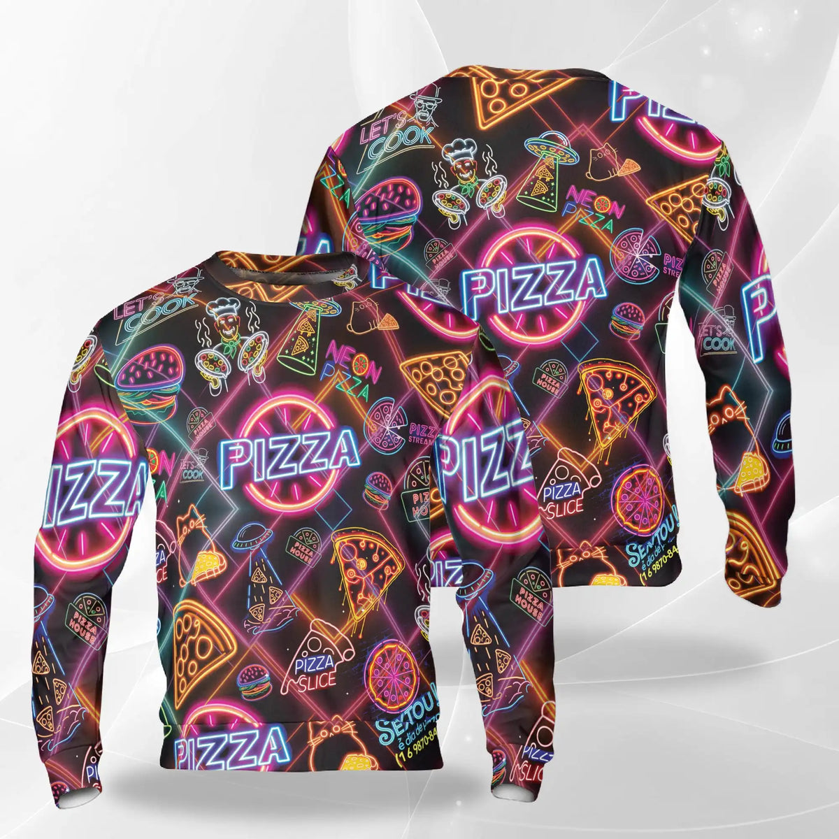 Vibrant Neon Pizza Pattern Sweatshirt – Colorful Graphic 3D All Over Print Design