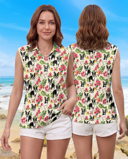 Boston Terrier Floral Sleeveless Polo Shirt for Women, Cute Dog Style | Azhawaiian