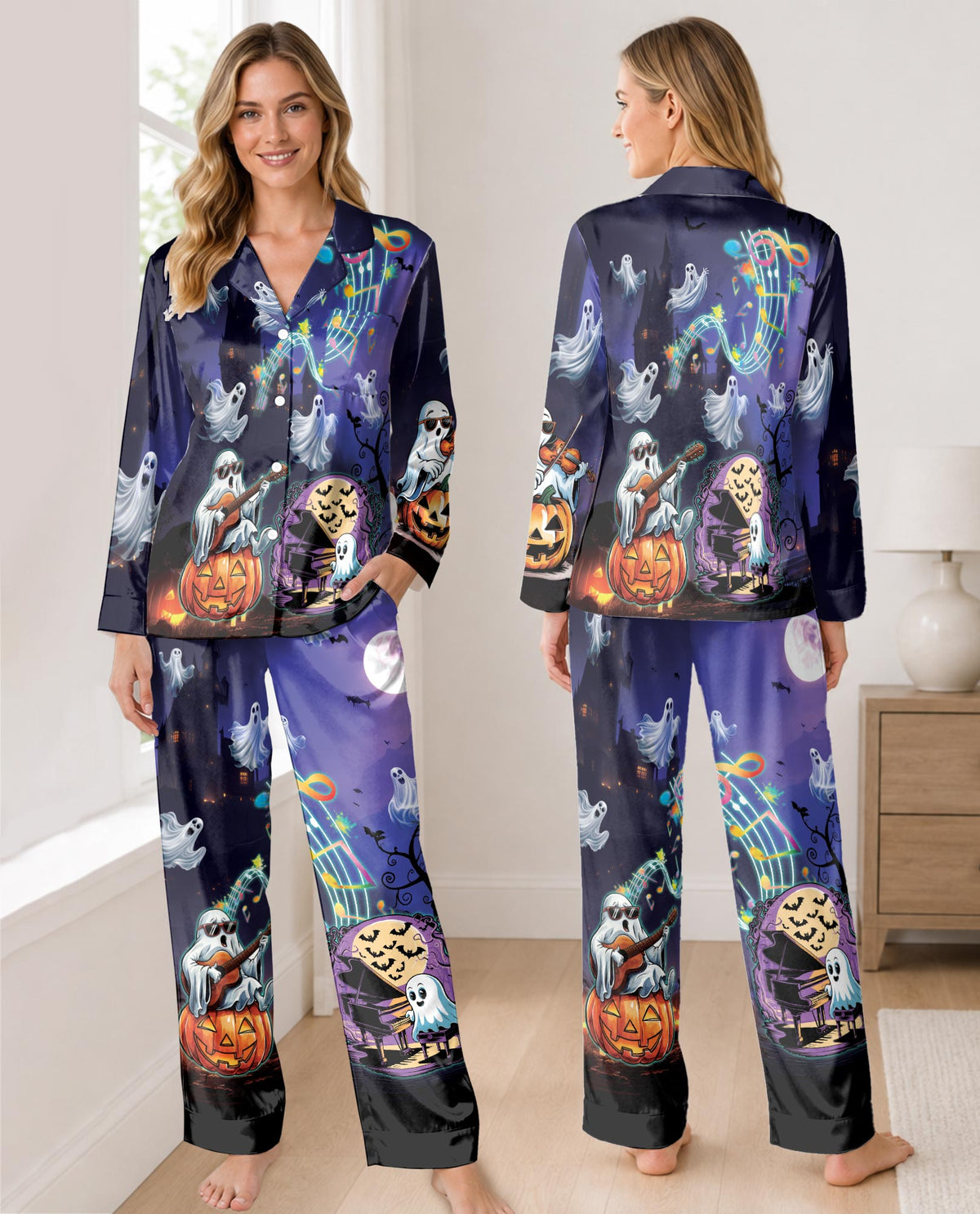 Halloween Ghost Pajama Set for Women, Spooky Pumpkin Holiday Sleepwear