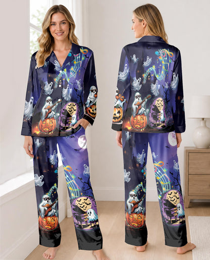 Halloween Ghost Pajama Set for Women, Spooky Pumpkin Holiday Sleepwear