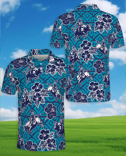 Western Rodeo Hibiscus Polo Shirt for Men- Cowboy Bull Riding | Azhawaiian