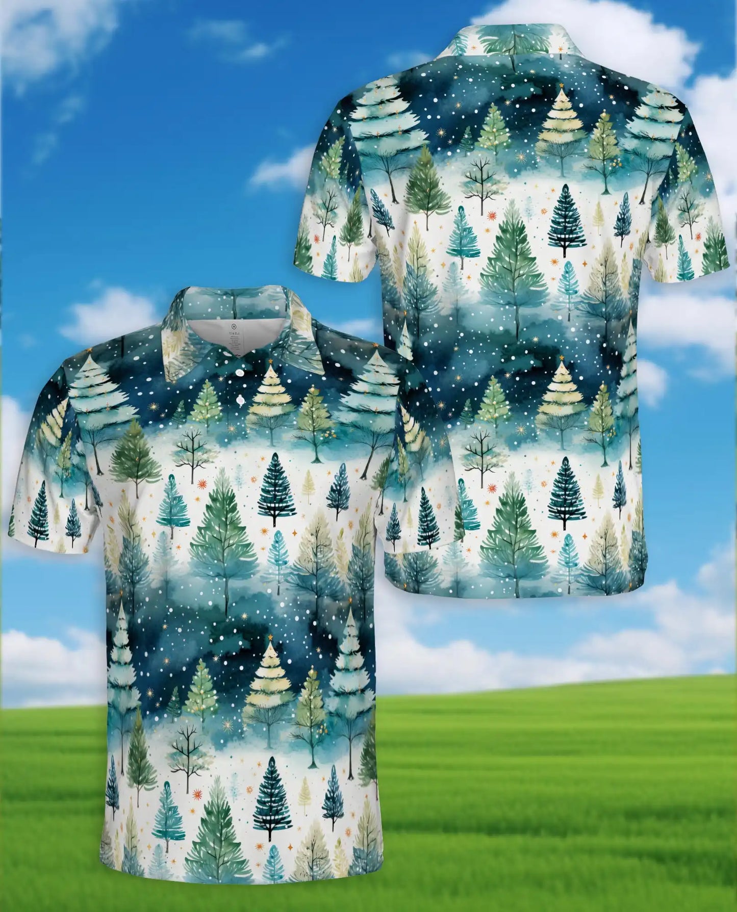 Winter Forest Polo Shirt - Snowy Christmas Tree Style | Azhawaiian