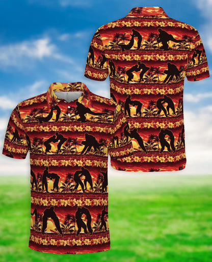 Tropical Wrestling 3D Polo Shirt for Men, Sunset Hawaiian Sports Style | Azhawaiian