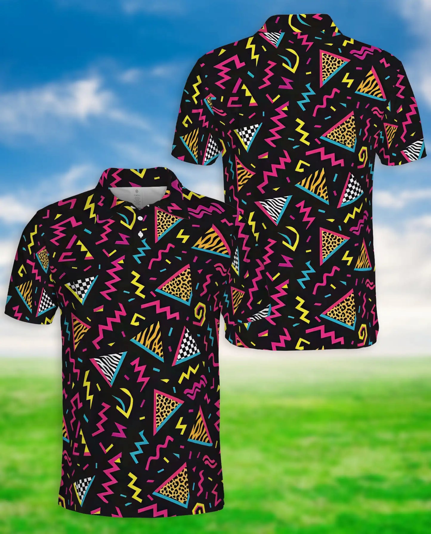 Retro 80s Polo Shirt, Neon Geometric Abstract Pattern | Azhawaiian
