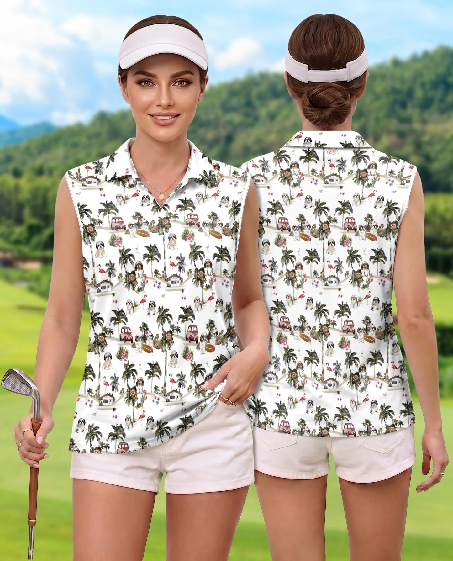 Shih Tzu Dog Sleeveless Polo Shirt for Women, Cute Pet Lover Style | Azhawaiian
