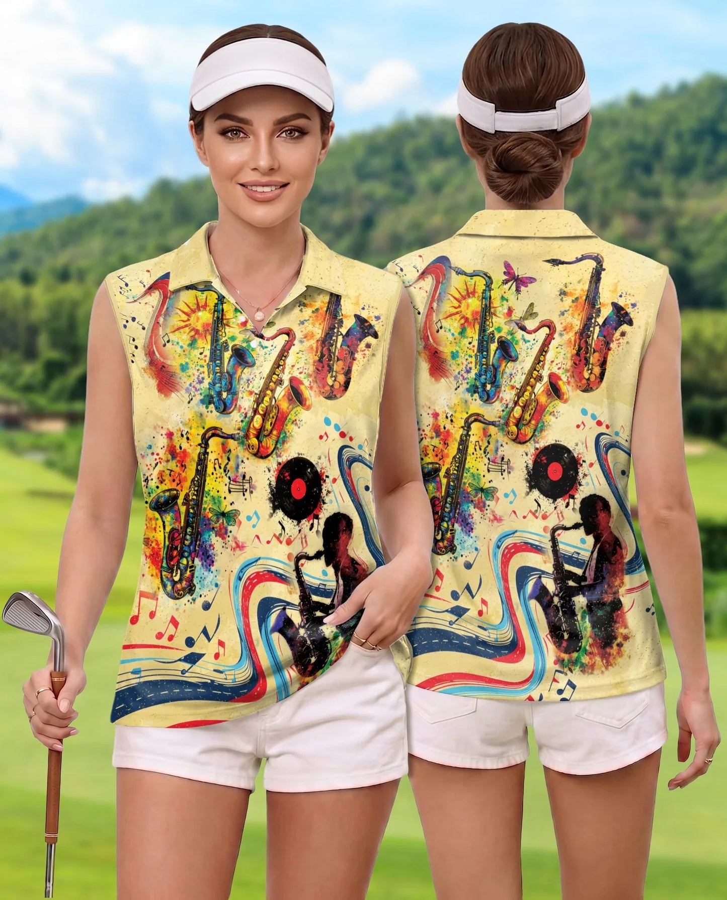 Music Saxophone Sleeveless Polo Shirt for Women | Azhawaiian