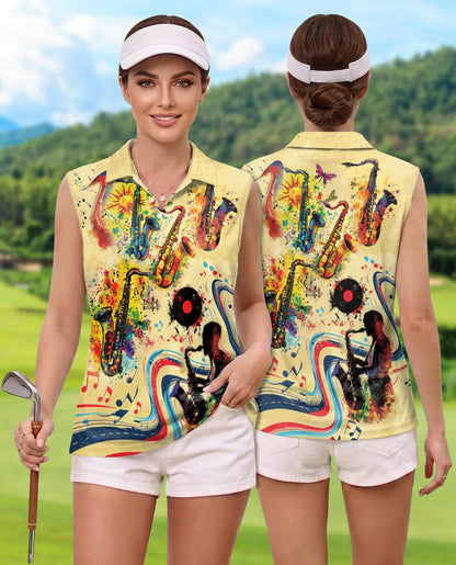 Music Saxophone Sleeveless Polo Shirt for Women | Azhawaiian