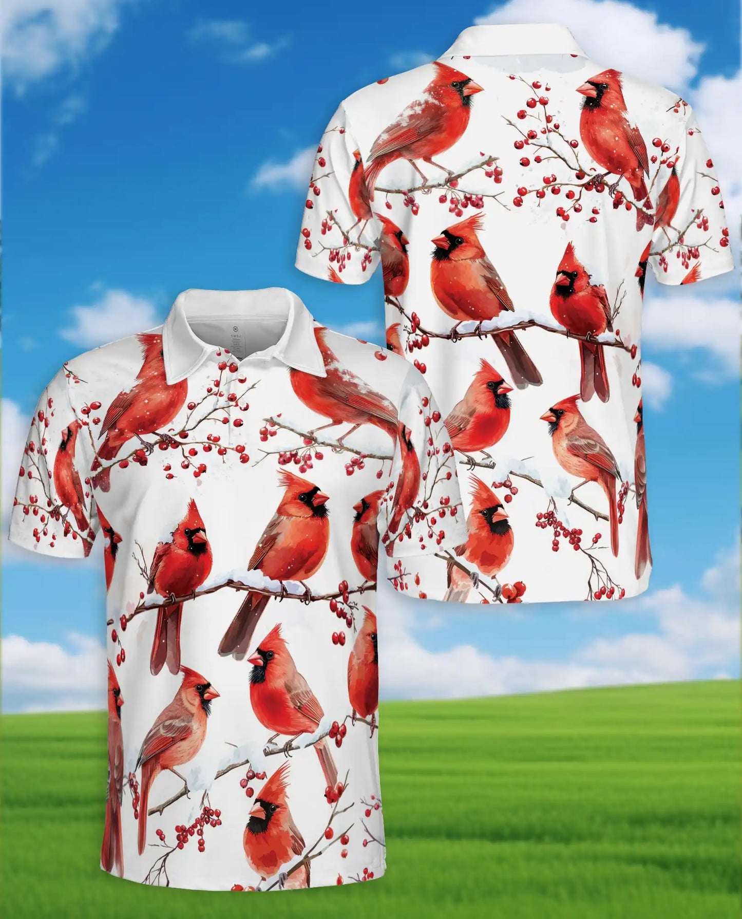 Red Cardinal Polo Shirt - Winter Songbird Nature Style | Azhawaiian