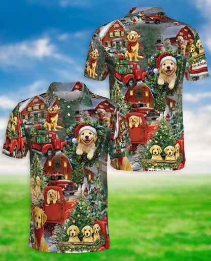 Festive Christmas Dogs Polo Shirt for Men, Holiday Graphic Tee | Azhawaiian