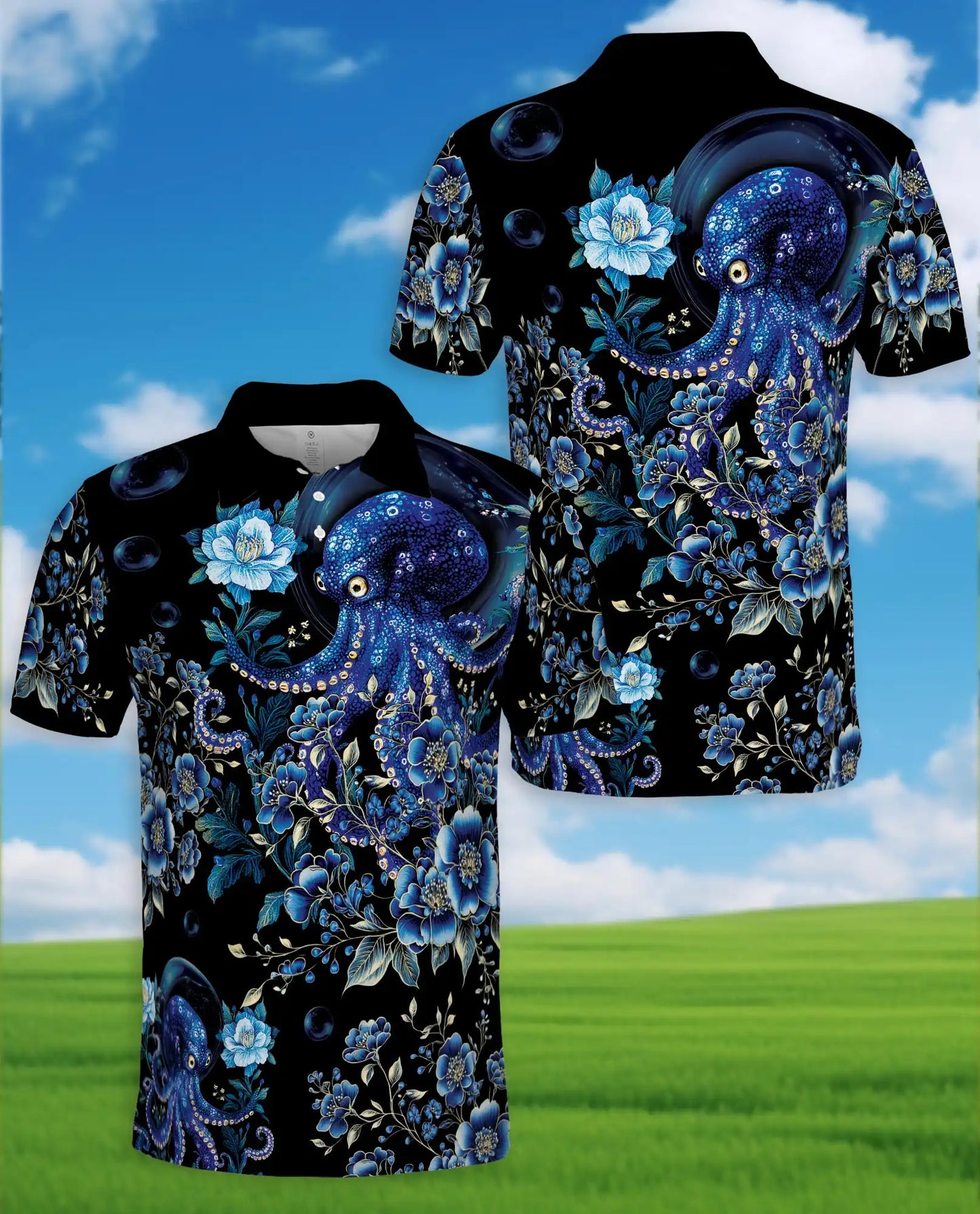 Blue Octopus Polo Shirt - Floral Ocean Fantasy Marine Art Design | Azhawaiian