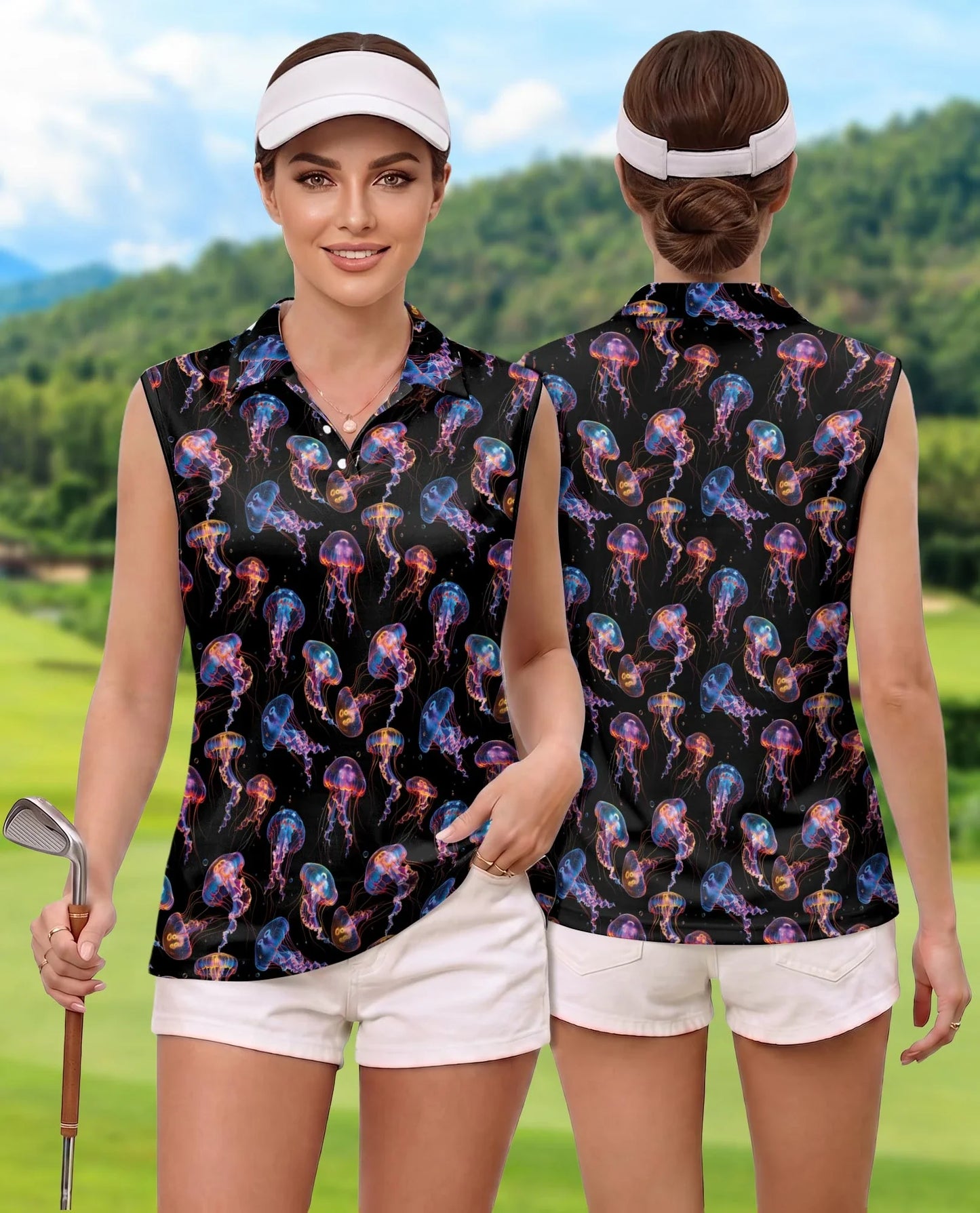 Neon Jellyfish Sleeveless Polo Shirt for Women | Azhawaiian