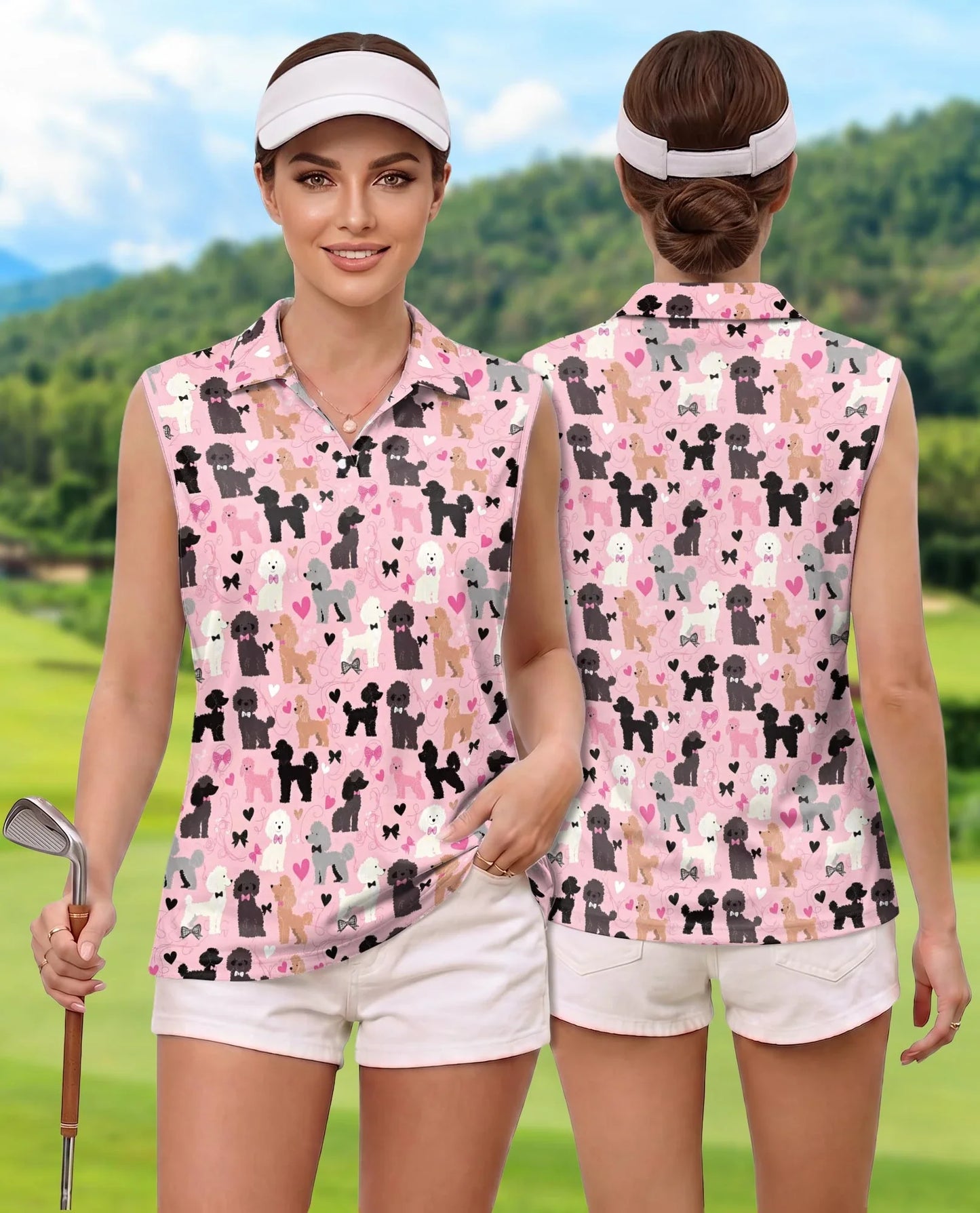 Pink Poodle Print Sleeveless Polo Shirt for Women, Cute Dog Lover Style | Azhawaiian