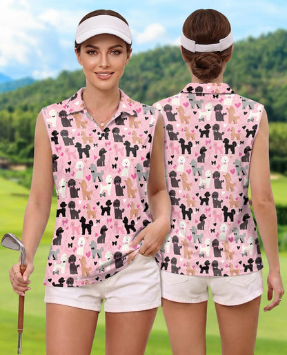 Pink Poodle Print Sleeveless Polo Shirt for Women, Cute Dog Lover Style | Azhawaiian