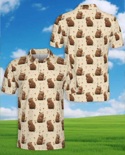 Capybara Polo Shirt, Cute Animal Pattern Style | Azhawaiian