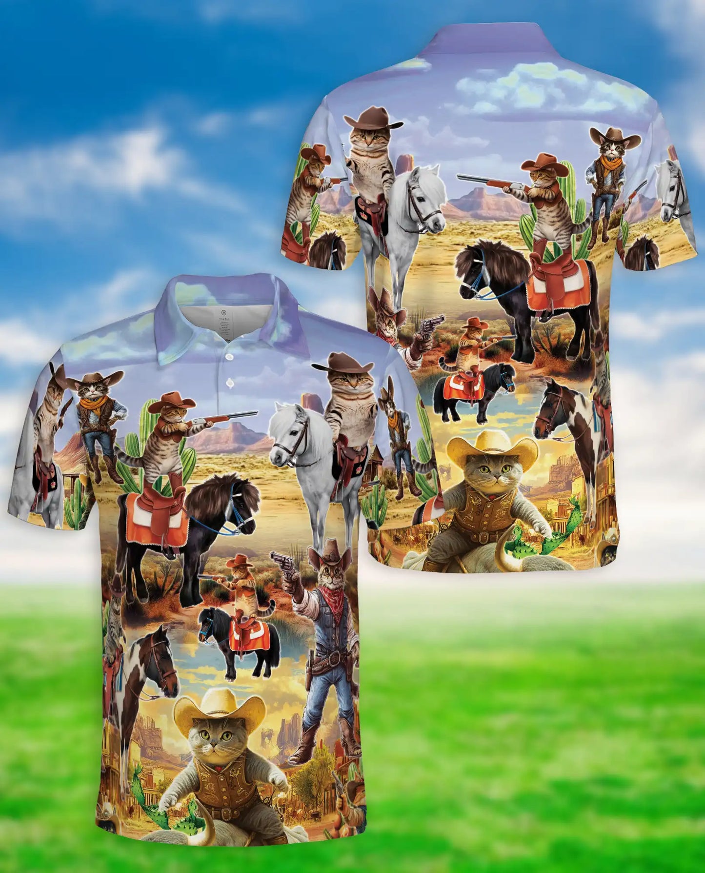Funny Cowboy Cat 3D Polo Shirt for Men, Wild West Western Pet Style | Azhawaiian