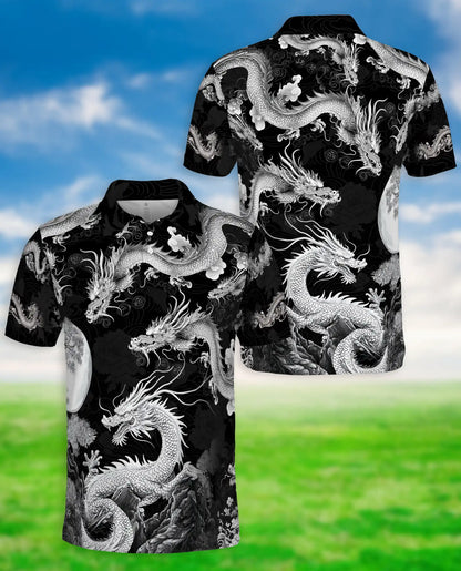 Black White Asian Dragon 3D Polo Shirt for Men, Monochrome Fantasy Style | Azhawaiian