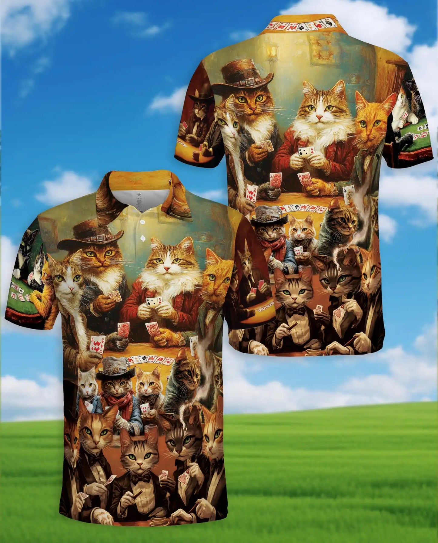 Vintage Cat Poker 3D Polo Shirt for Men, Funny Animal Card Game | Azhawaiian
