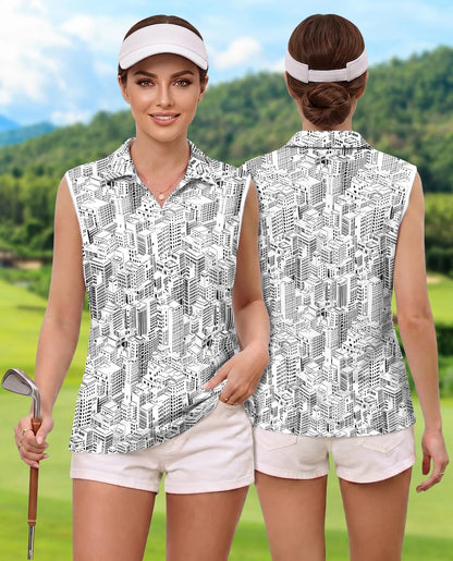 City Buildings Sleeveless Polo Shirt for Women | Azhawaiian